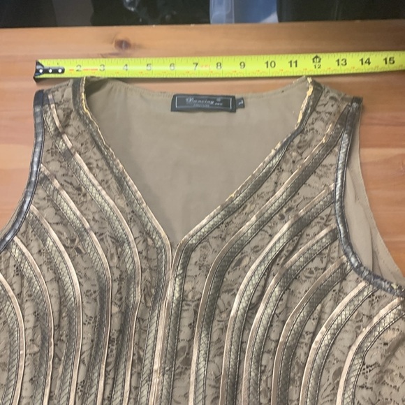 Dancing Couture Rare Sleeveless Top Embellished w Leather. Gold w Bronze Silver - Picture 11 of 17